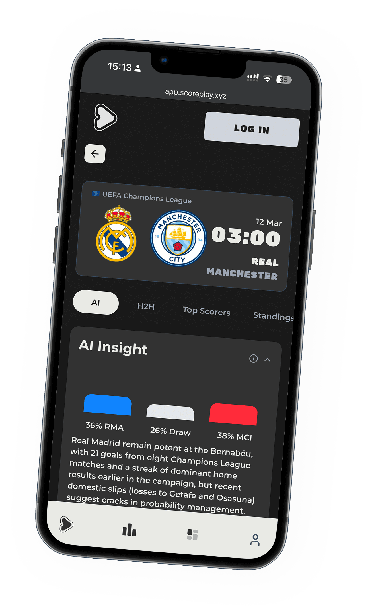 ScorePlay app — match view with AI insight and 3 steps